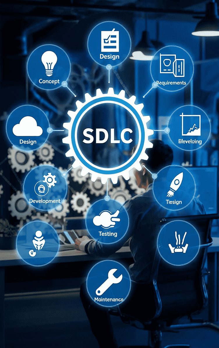 Software Development Lifecycle (SDLC) process from concept to completion with planning, design, development, testing, and deployment.