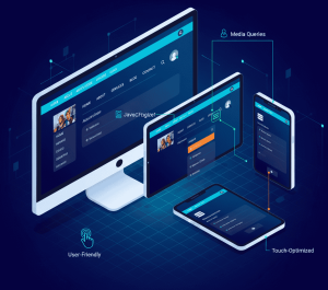Responsive navigation design for websites, showing a flexible menu adapting seamlessly to desktop, tablet, and mobile devices.