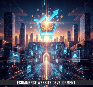 A modern ecommerce website layout showing product pages, shopping cart icons, analytics, and a responsive design interface for high-converting online stores