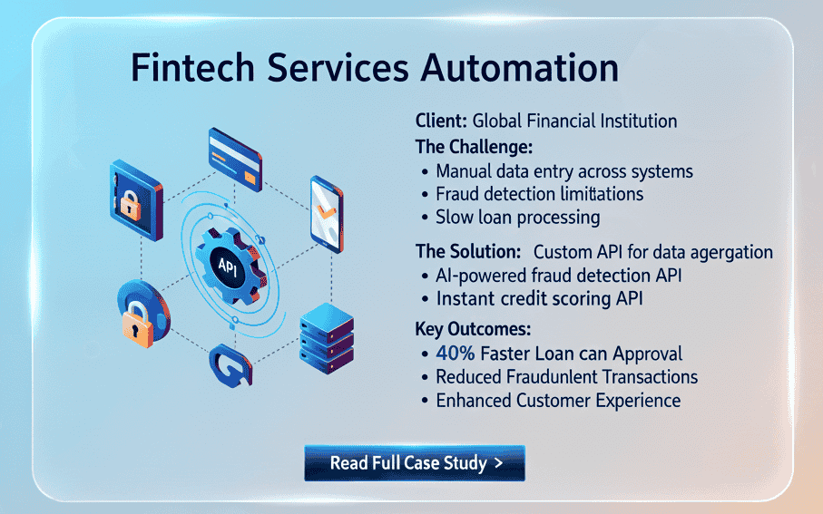 Fintech services automation through API integration for secure payments, financial data management, and digital banking efficiency