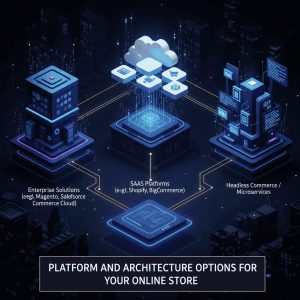 A minimalist, clean-lined composition showcasing the platform options for a modern ecommerce website. In the foreground, a row of stylized icons representing different ecommerce platforms like Shopify, WooCommerce, and Magento. In the middle ground, a laptop display with the Webo 360 Solutions brand prominently displayed, surrounded by abstract geometric shapes in a muted color palette. In the background, a soft-focused cityscape with skyscrapers, conveying a sense of urban sophistication. Lighting is soft and diffused, creating depth and dimension. The overall mood is professional, polished, and forward-thinking, reflecting the capabilities of Webo 360 Solutions to deliver high-converting ecommerce solutions.