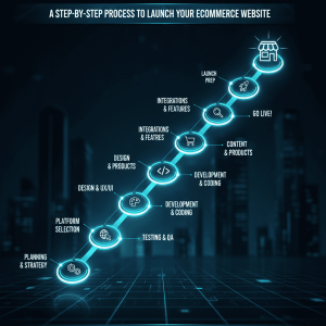A visual step-by-step workflow illustrating the process of launching an eCommerce website, including planning, design, development, testing, and final launch.