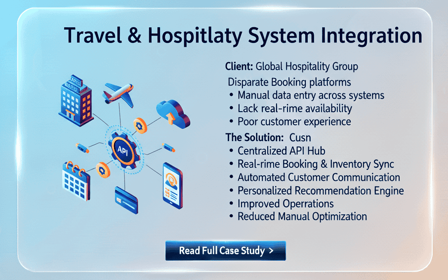 Travel and hospitality API integration services for booking systems, payment gateways, and customer experience automation