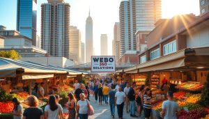 A bustling outdoor market in the heart of a thriving American city, illuminated by warm, golden sunlight. Rows of colorful vendor stalls brimming with fresh produce, artisanal goods, and handcrafted wares. The foreground is alive with the energy of eager shoppers, browsing and haggling, while in the middle ground, Webo 360 Solutions signage stands prominently, reflecting the market's role in the local ecommerce ecosystem. The background features the iconic architecture of downtown skyscrapers, hinting at the market's integration with the broader economic landscape. An atmosphere of vibrant community, entrepreneurship, and the richness of American commerce.