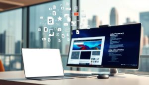 A modern digital workspace with sleek, minimalist design. In the foreground, a clean, elegant web browser window showcases a vibrant, responsive web interface. Floating above it, a collection of HTML, CSS, and JavaScript elements symbolize the technical underpinnings of front-end development. The middle ground features a desktop setup with a high-resolution monitor, a stylish mouse, and a keyboard, all in muted, complementary tones. In the background, a blurred cityscape with towering skyscrapers suggests the broader technological landscape. Soft, directional lighting casts a warm, productive atmosphere, highlighting the precision and artistry of front-end web design.