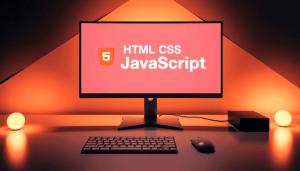 A sleek, minimalist desktop setup with a large central monitor displaying the core web development technologies of HTML, CSS, and JavaScript. The screen is illuminated by warm, soft lighting, casting a gentle glow on the clean, modern workspace. In the foreground, a minimalist keyboard and mouse sit neatly aligned, while in the background, abstract geometric shapes in muted tones create a visually striking, yet balanced composition. The overall scene conveys a sense of focus, expertise, and the foundational importance of these three pillars of front-end web development.