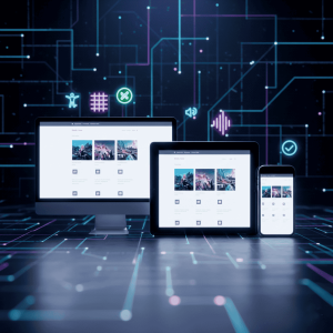 A detailed, elegant responsive website layout displaying a clean, user-friendly interface. In the foreground, a laptop screen showcasing a mobile-optimized design, with crisp typography and intuitive navigation. The middle ground features a tablet and smartphone, seamlessly syncing content and layout across devices. In the background, a subtly patterned surface evokes a sense of modern, minimalist aesthetic. Warm, diffused lighting casts a soft glow, creating a harmonious, inviting atmosphere. The overall composition emphasizes the effortless adaptability and accessibility of the responsive design.