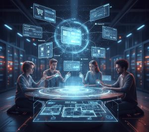 A modern workspace featuring a diverse group of three professionals engaged in hands-on mini-projects. In the foreground, a woman in business casual attire is focused on her laptop, coding a web application. Beside her, a man in a smart shirt sketches a flowchart on a whiteboard, while another colleague, a woman in smart casual clothes, reviews design mockups on a tablet. The middle ground includes various tech tools like laptops, programming books, and hardware components scattered on a sleek table. The background reveals a bright, minimalist office with large windows allowing warm daylight to flood in, reflecting an innovative and productive atmosphere. Soft, natural lighting creates a welcoming mood, with an emphasis on teamwork and creativity. The angle captures the dynamic interaction among the team, emphasizing collaboration in full stack development projects.