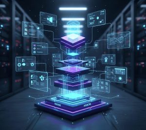 A detailed illustration of a modern web development stack, set in a bright, contemporary office environment. In the foreground, a sleek laptop showcasing code on the screen, surrounded by various tech gadgets and tools like a smartphone and a tablet. The middle ground features a whiteboard filled with colorful flowcharts and architecture diagrams representing frameworks like React, Node.js, and Docker, symbolizing the interplay of various technologies. In the background, sunlight streams through large windows, creating a warm and inviting atmosphere. Strong, balanced lighting highlights the workspace, and a slight depth of field focuses on the laptop while gently blurring the whiteboard. The overall mood feels dynamic and innovative, reflecting the essence of modern stack architectures.