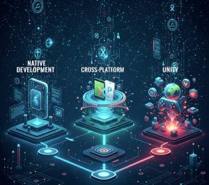 Native development vs cross-platform vs Unity comparison illustrating performance, user experience, and multi-platform capabilities.