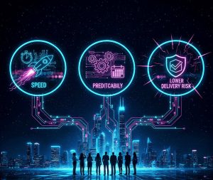 Benefits of working with a software development company showing faster delivery, predictable timelines, and reduced project risk.