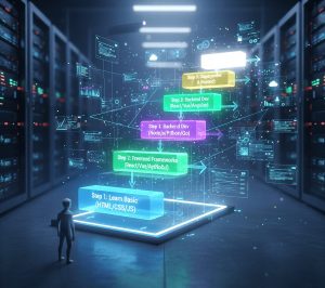 A visually engaging learning roadmap for aspiring full-stack developers, featuring a clear and structured path. In the foreground, display a sleek, modern laptop open to a code editor, with vibrant lines of code on the screen. In the middle ground, create a winding path represented by colorful arrows and icons, illustrating key learning stages like "HTML," "CSS," "JavaScript," "Frameworks," and "Back-End Development." These elements should be labeled with easily recognizable symbols. The background should feature a gently blurred cityscape to evoke a tech-savvy environment, bathed in bright, ambient lighting to suggest a sense of optimism and opportunity. Capture this scene from a slightly elevated angle, focusing on the laptop and the trajectory of the roadmap, inspiring readers to embark on their learning journey with enthusiasm.