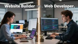 Website builder vs web developer comparison showing drag-and-drop tools versus custom website development by professionals.
