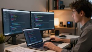 A modern web developer's workspace, showcasing a dual-monitor setup displaying intricate lines of code in languages like HTML, CSS, and JavaScript. The foreground includes a sleek laptop with customizable code snippets open, surrounded by a notepad filled with sketches of website layouts. In the middle, a professional web developer, dressed in smart casual attire, intently analyzes the screens, with soft focus on their thoughtful expression. The background features bookcases filled with programming books and tech gadgets, with warm, ambient lighting that creates a cozy yet productive atmosphere. The scene evokes a sense of creativity and technical expertise, emphasizing the process of building custom websites.