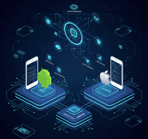 Native app development process illustration showing platform-specific development for iOS and Android applications.