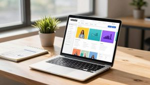 A modern website builder interface displayed on a sleek laptop placed on a wooden desk in a bright, sunlit office environment. In the foreground, the laptop screen shows a colorful, user-friendly drag-and-drop editor filled with various design blocks, images, and text options, showcasing how easy it is to build a website. The middle ground features a potted plant and a notepad with sketches of potential website layouts. In the background, large windows let in natural light, providing a warm and inviting atmosphere, while soft shadows create depth. The camera angle is slightly above the desk, capturing the workspace from a creative perspective. The mood is productive and inspirational, emphasizing the accessibility and simplicity of using a website builder for business needs.