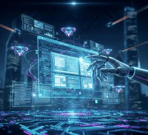 Hero image for AI Web Development Trends 2026, showcasing autonomous code generation and generative UI design concepts.