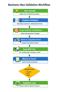 Business idea validation workflow showing step-by-step process to test and validate a business idea.