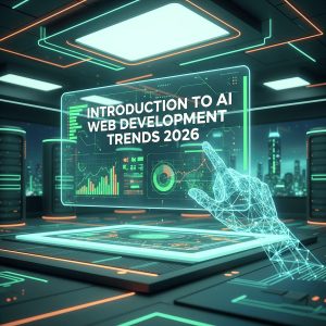 Concept art for 2026 AI web development trends showing an autonomous coding agent building a modern website interface