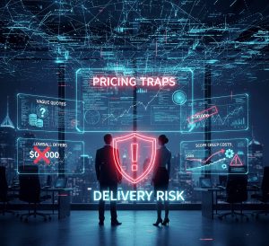 A visually striking image of various pricing warning signs, prominently featuring a caution triangle symbol with an exclamation mark, set against a blurred office environment. In the foreground, focus on a red warning sign with bold graphics indicating “Too Good To Be True” in a professional and eye-catching design. In the middle, include a few other signs like “Hidden Fees” and “Rock-Bottom Pricing” artistically arranged. The background displays a sleek, modern office with soft, diffused lighting that suggests a serious atmosphere. Use a shallow depth of field to emphasize the warning signs while keeping the background slightly out of focus. Capture an air of caution and professionalism while maintaining a corporate aesthetic. Include a small logo of Webo 360 Solutions and subtly placed in the corner, ensuring it complements the image without overpowering it.