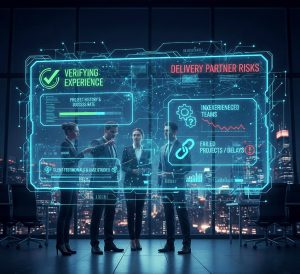 A professional setting showcasing a diverse group of business professionals analyzing project reports and graphs on laptops and tablets, emphasizing a collaborative atmosphere. In the foreground, a middle-aged Asian woman in a smart blazer stands confidently, presenting a project timeline on a digital display. In the middle, a Caucasian man in business attire is reviewing documents with a young Black woman, both focused and engaged in discussion. The background features a modern office space with large windows allowing natural light to illuminate the room, and the logo of Webo 360 Solutions and subtly integrated into the decor. The mood is serious yet optimistic, conveying the importance of verifying a development partner's track record. The scene is captured with a wide-angle lens to emphasize the collaborative environment.