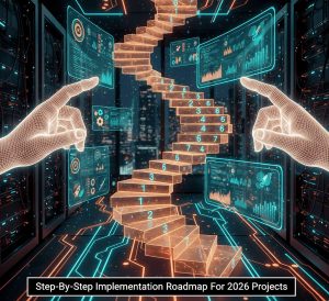 A 2026 implementation roadmap for AI web development projects, showing steps from planning to automated deployment