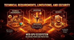 Technical requirements for WebGPU including supported browsers, hardware compatibility, and GPU features.