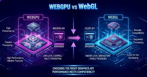 WebGPU vs WebGL comparison showing differences in performance, graphics rendering, and modern web development capabilities.