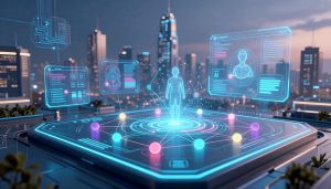 A futuristic digital landscape illustrating decentralized AI operating systems. In the foreground, a sleek, multi-layered interface displays interconnected nodes and data streams representing decentralized networks, illuminated by dynamic neon colors. In the middle ground, holographic representations of AI algorithms and user interfaces interact, showcasing seamless collaboration. The background features a high-tech city skyline with floating servers and circuit patterns, emphasizing technological innovation. The scene is illuminated by soft ambient lighting with a cool color palette, creating a sense of advanced technology and optimism. The overall mood is inspiring and visionary, highlighting the concept of interconnectedness and the potential of decentralized systems in artificial intelligence