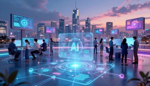 A futuristic digital landscape representing decentralized operating system data, with a vibrant network of interconnected nodes and glowing data streams. In the foreground, a sleek, transparent holographic interface displays complex algorithms and visualizations, symbolizing advanced AI processing. The middle section features a diverse group of professionals in smart attire, interacting with the holographic displays, illustrating collaboration in a decentralized workspace. The background showcases a stylized city skyline with towering digital billboards, emitting holographic information bursts, under a twilight sky illuminated with dynamic, swirling colors. The atmosphere conveys innovation and urgency, with soft yet vivid lighting focused on the central interaction, enhancing the tech-savvy ambiance. Capture this with a wide-angle lens effect to emphasize the expanse of the network.