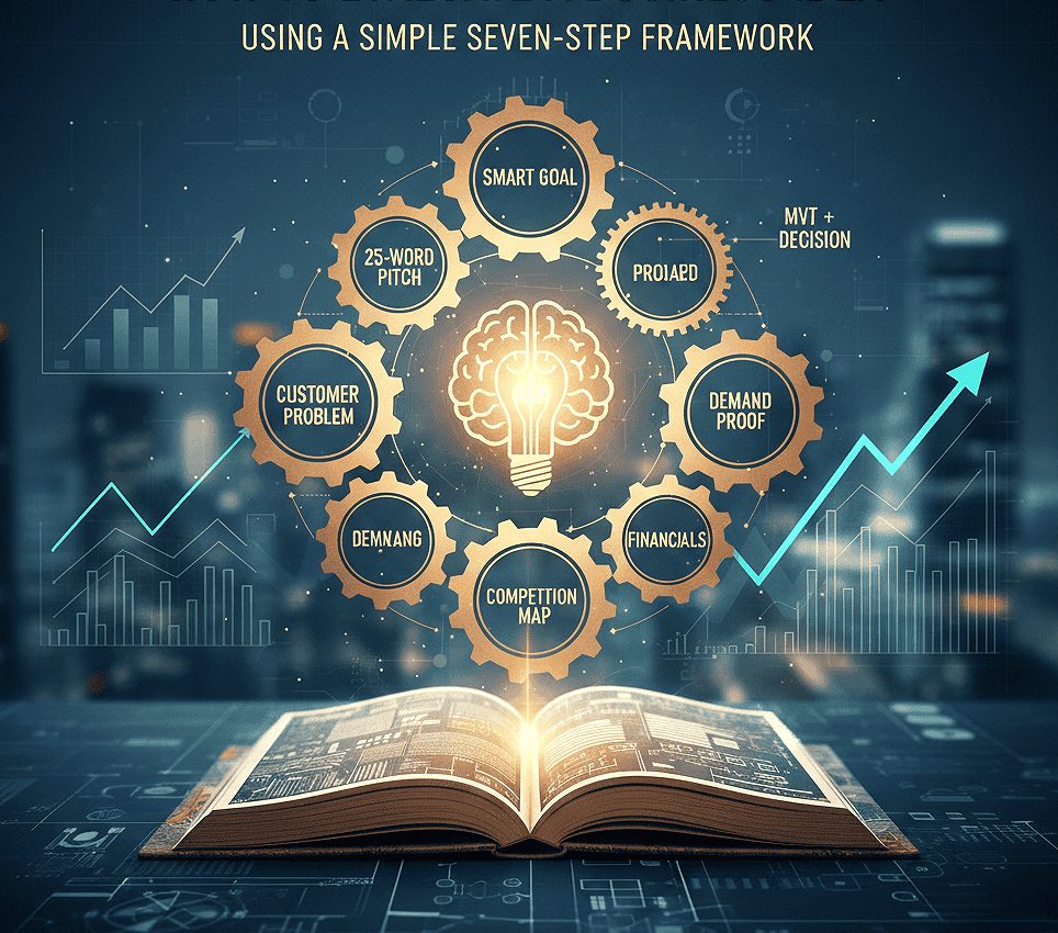 Seven-step framework to evaluate a business idea including validation, market research, and financial feasibility