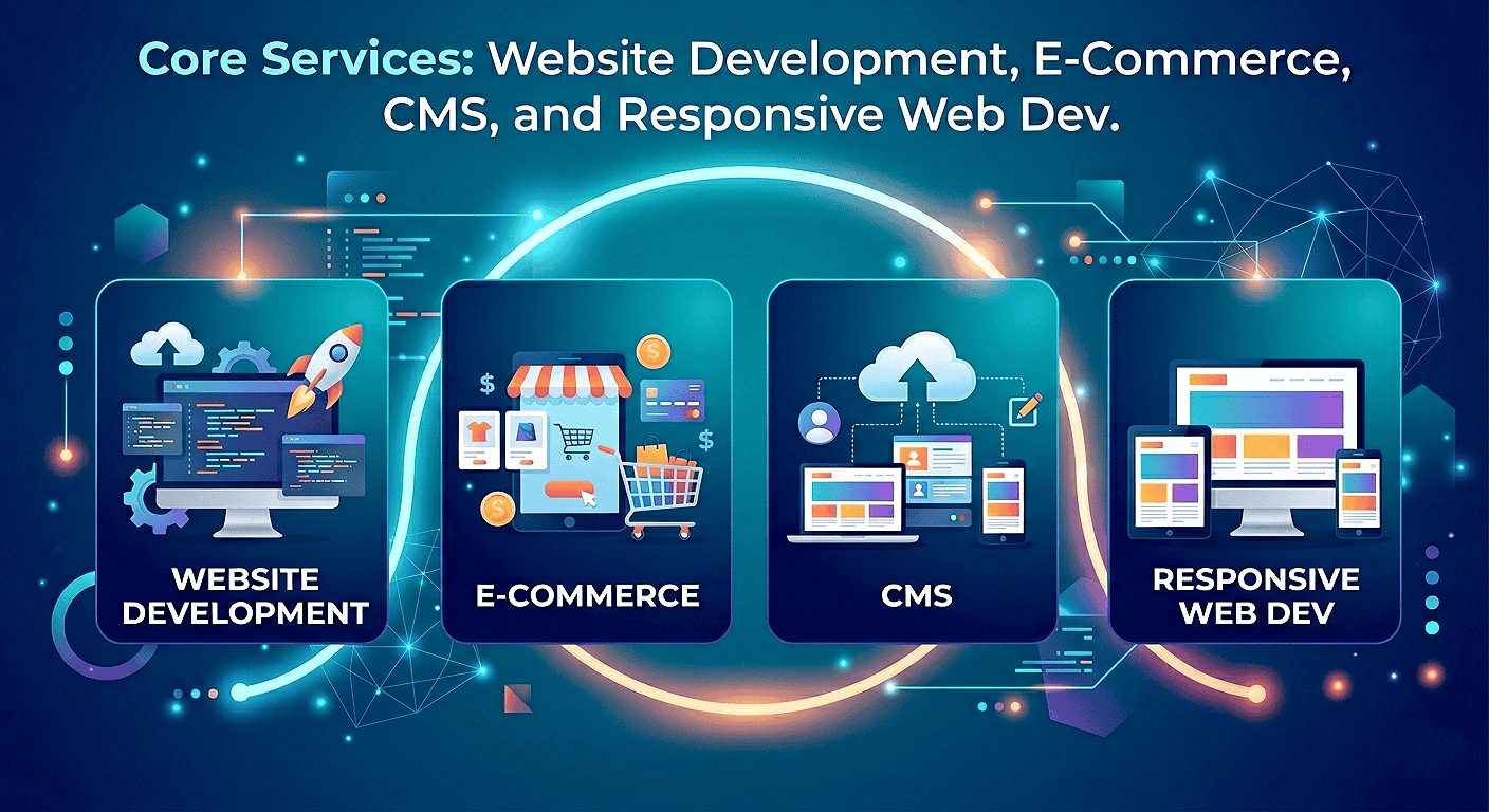 Custom website development services including e-commerce platforms, CMS integration, and responsive web design