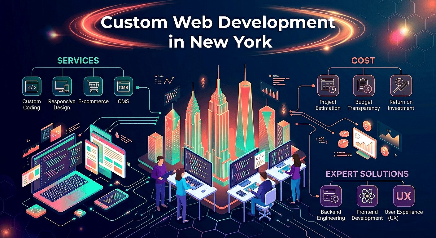 Custom web development NYC expert coding on a laptop with the New York City skyline in the background.