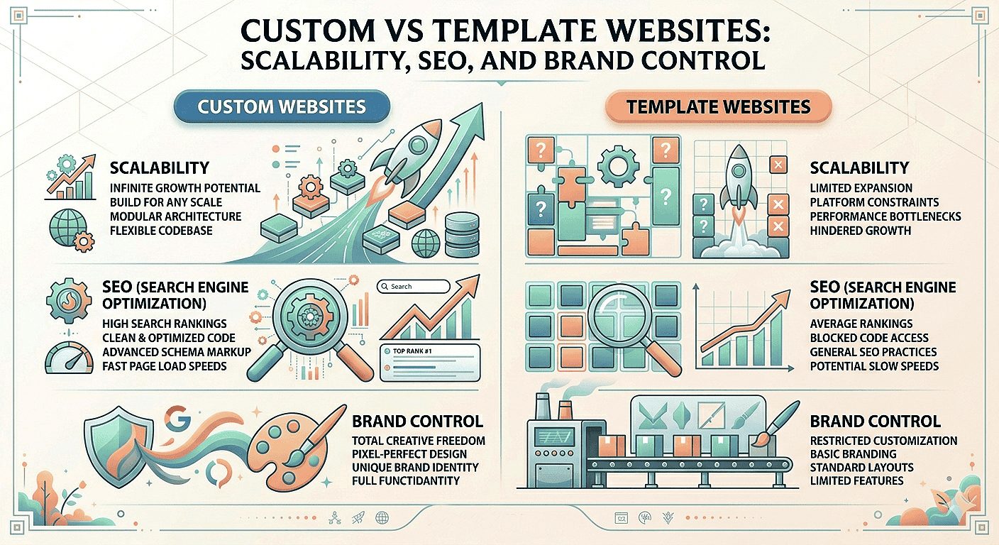 Comparison chart showing the differences between custom web development and pre-made website templates for business growth