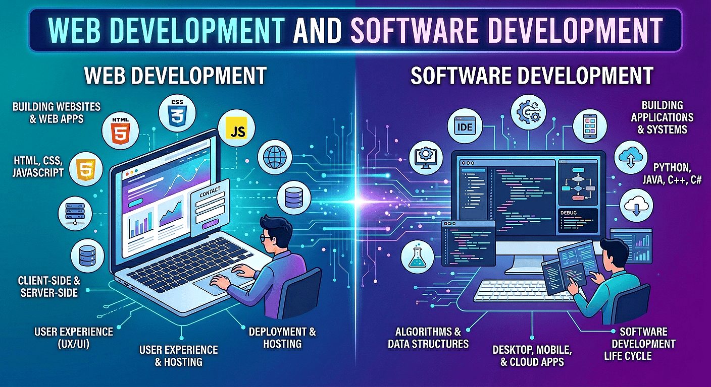 Clear definitions of web development and software development highlighting their unique roles in the 2026 tech landscape.