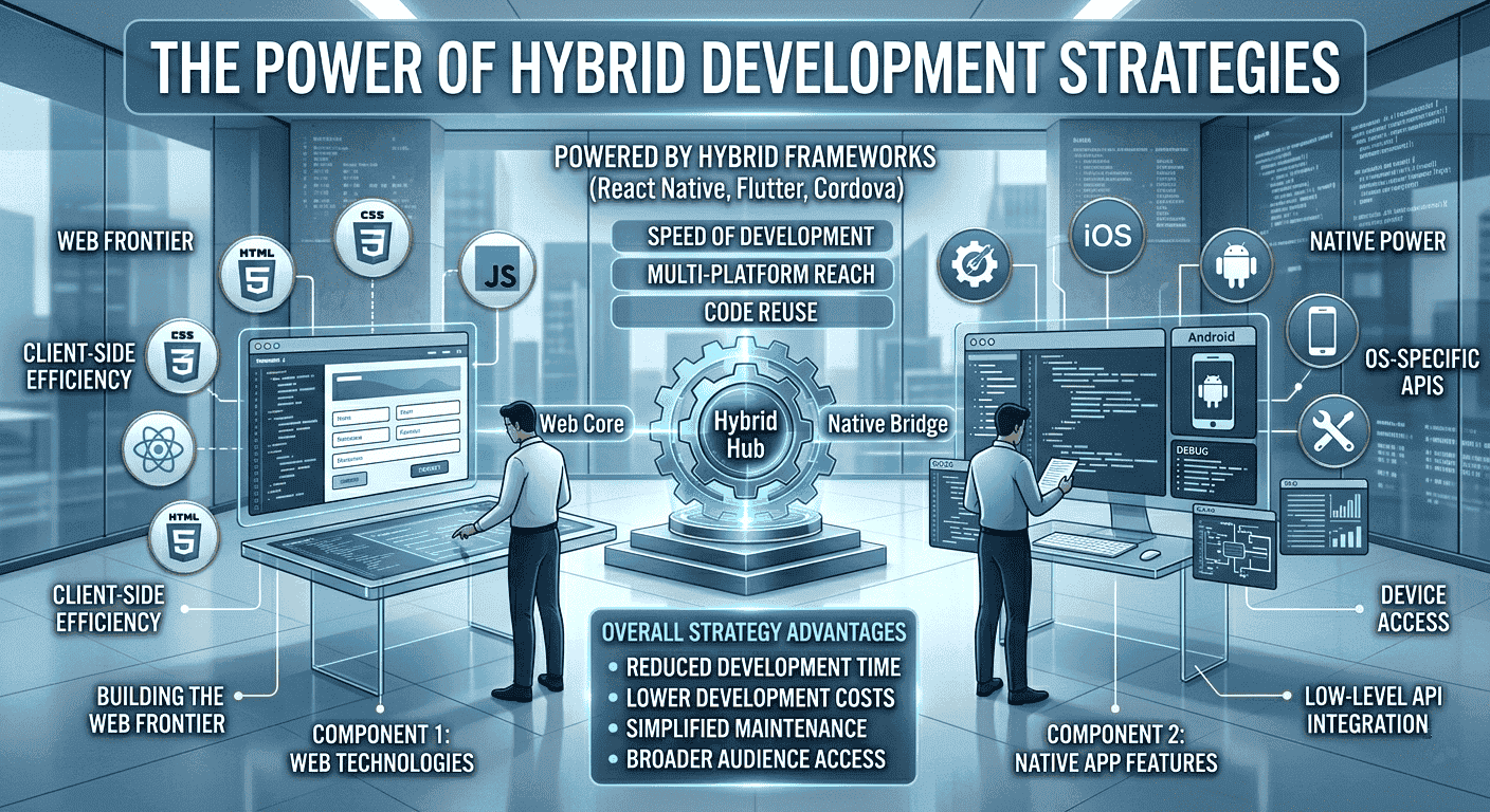 A conceptual graphic illustrating hybrid development strategies bridging the gap between web development and software development in 2026.