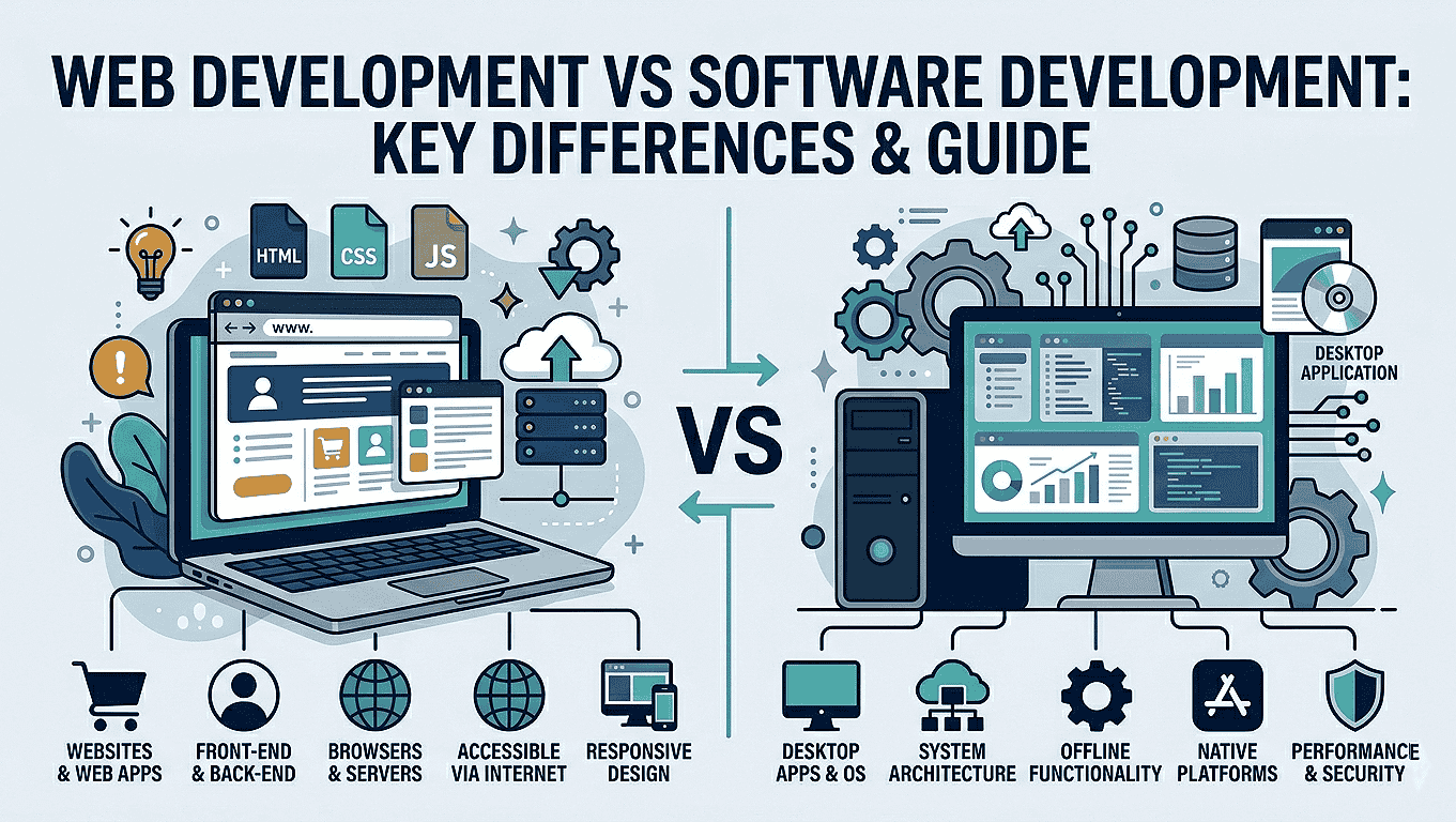 Comprehensive comparison chart highlighting the key differences between web development and software development for the 2026 guide.