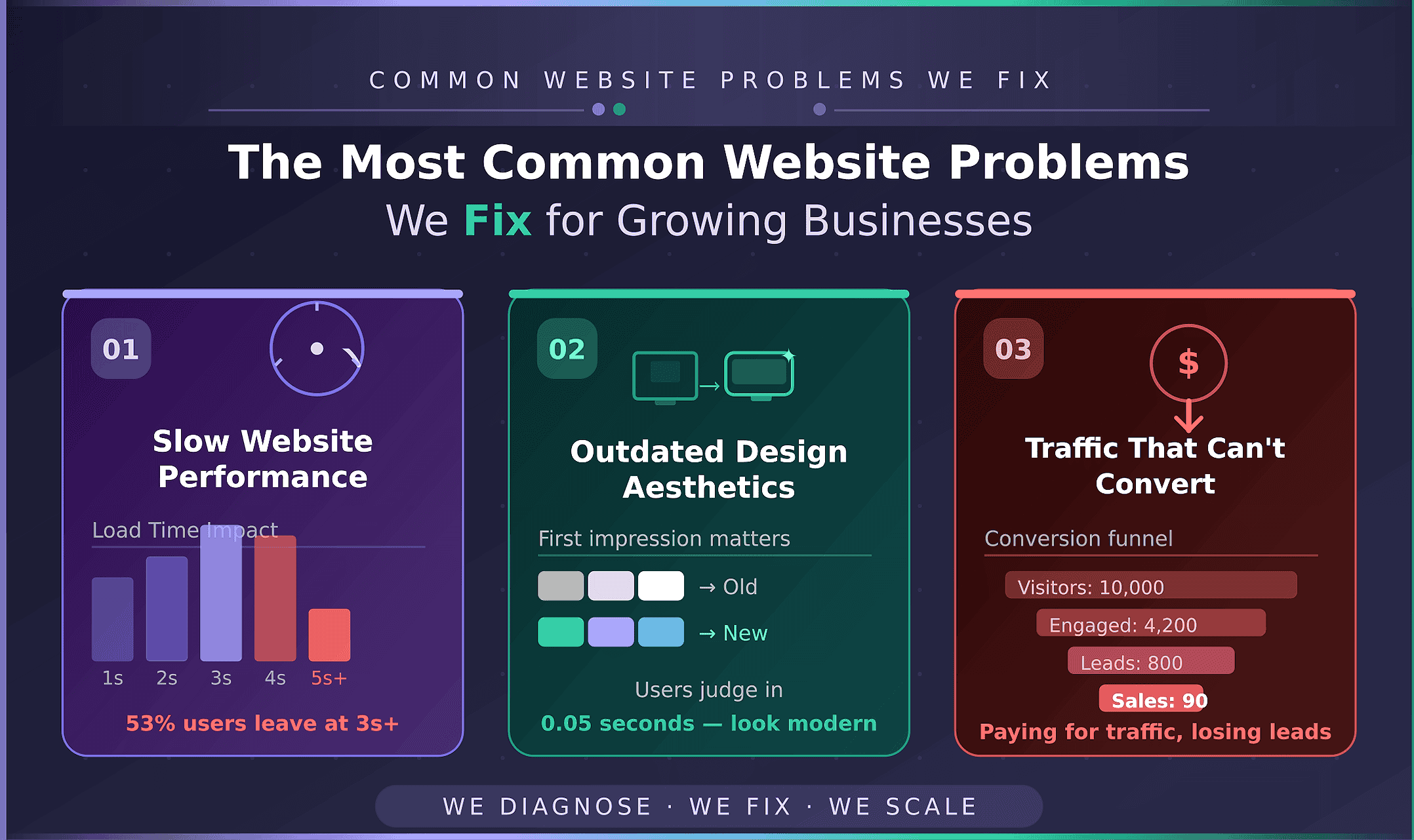 Fixing common website problems like slow loading speeds, broken links, and security issues.