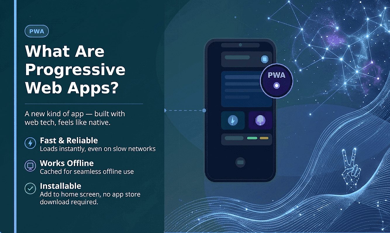 Definition of Progressive Web Apps (PWA) showing a mobile-responsive website functioning like a native application.