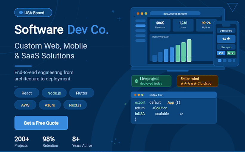 Software development company in USA designing custom web, mobile, and SaaS solutions displayed on a laptop and smartphone.