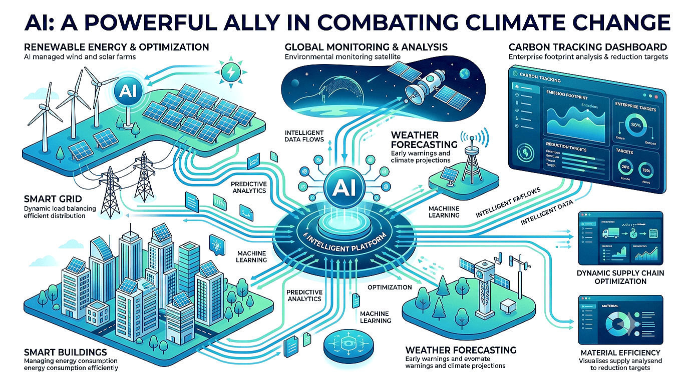 AI optimizing renewable energy, carbon tracking, and environmental sustainability.