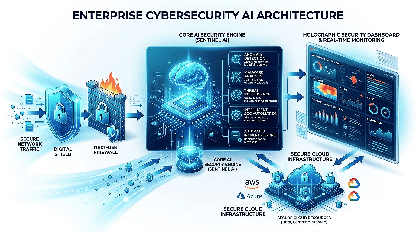 AI cybersecurity system detecting threats and automating security operations