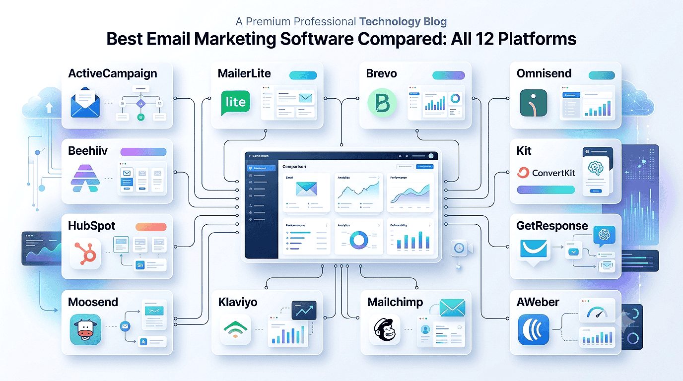 Best email marketing services comparison of all 12 leading email marketing platforms, featuring software, pricing, automation, AI features, and deliverability.