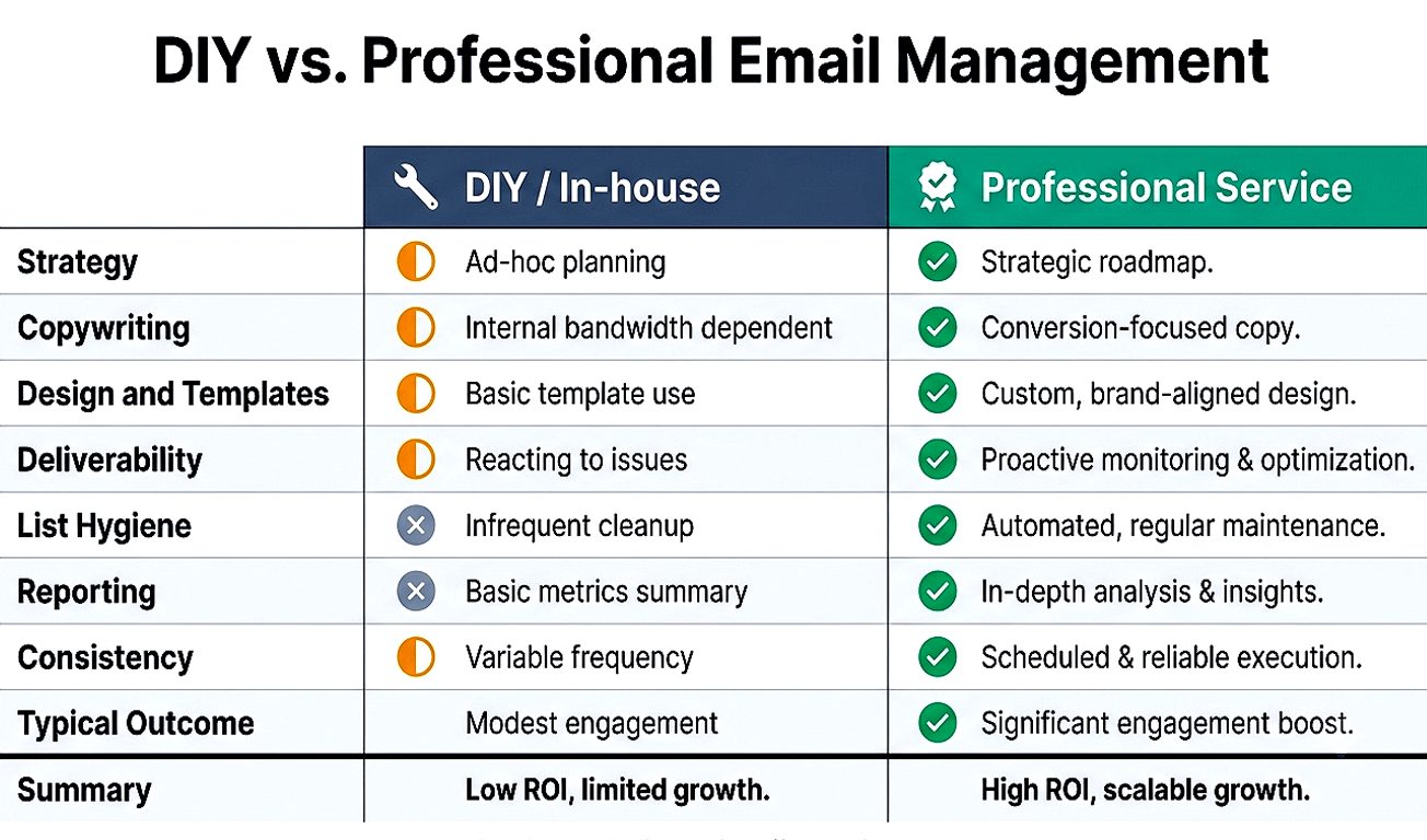 DIY vs professional email management comparison showing the benefits of the best email marketing services for campaign management, automation, deliverability, and ROI.
