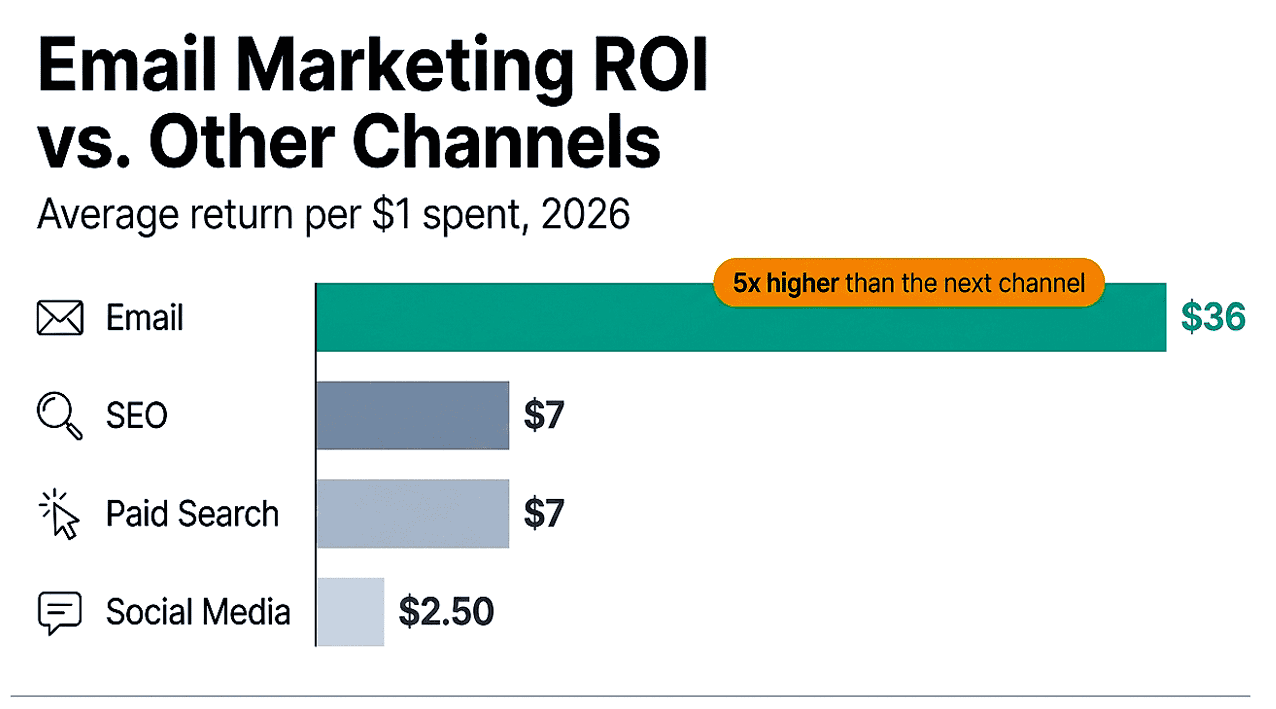 Best email marketing services ROI compared with social media, paid advertising, SEO, and SMS marketing to show return on investment across digital marketing channels.