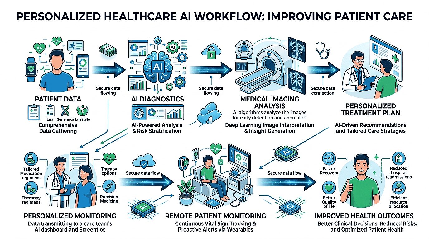Workflow showing how personalized healthcare AI improves diagnosis, treatment, and patient monitoring.