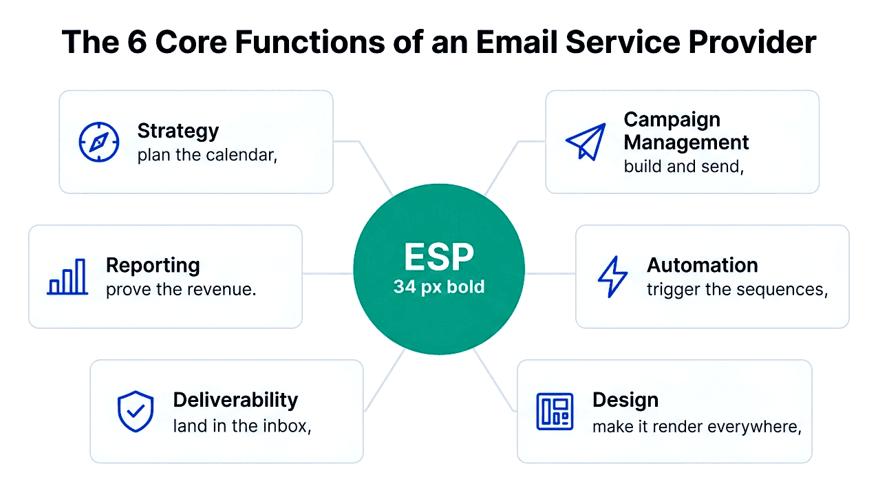 Six core functions of the best email marketing services, including email automation, audience segmentation, campaign management, analytics, deliverability, and personalization