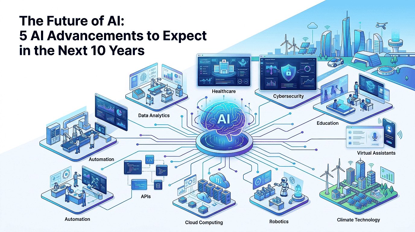 Future of AI connecting healthcare, cybersecurity, education, automation, and climate technology.