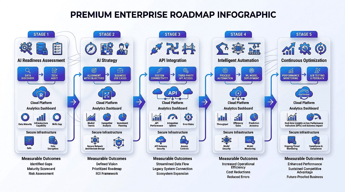 Business roadmap illustrating the stages of successful AI adoption and implementation.
