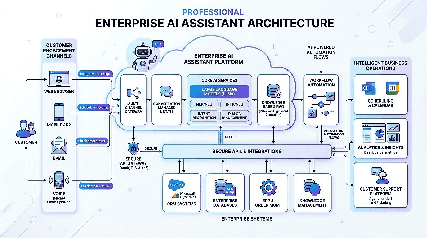 Architecture diagram of an AI virtual assistant connected to enterprise business systems.